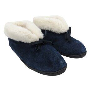 CLARKS Women's Blue Suede Sandy Bootie Slippers Faux Fur Lined Size 7